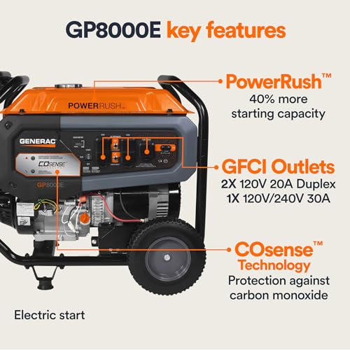 7715 GP8000E 8,000-Watt Gas-Powered Portable Generator - Electric Start with COsense - Powerrush Advanced Technology - Power for Emergencies and Recreation - 49 State Compliant - Orange/Black