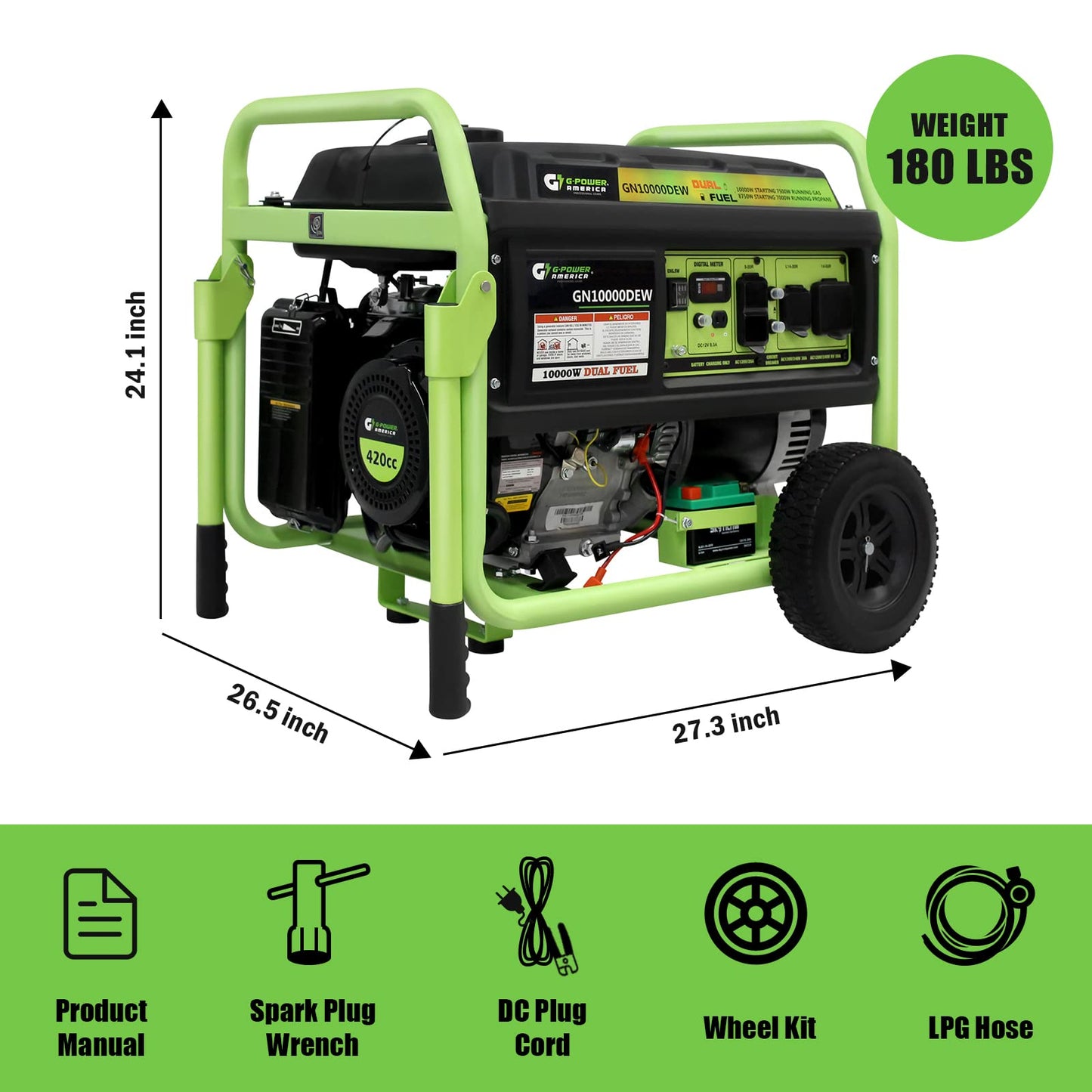 Dual Fuel Portable Generator 10000 Watt,Gas or Propane Powered,Electric Start, Home Back Up & RV Ready