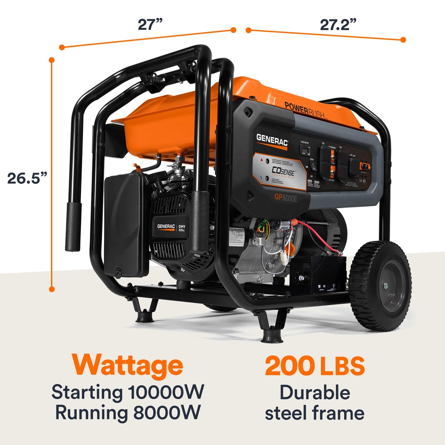 7715 GP8000E 8,000-Watt Gas-Powered Portable Generator - Electric Start with COsense - Powerrush Advanced Technology - Power for Emergencies and Recreation - 49 State Compliant - Orange/Black