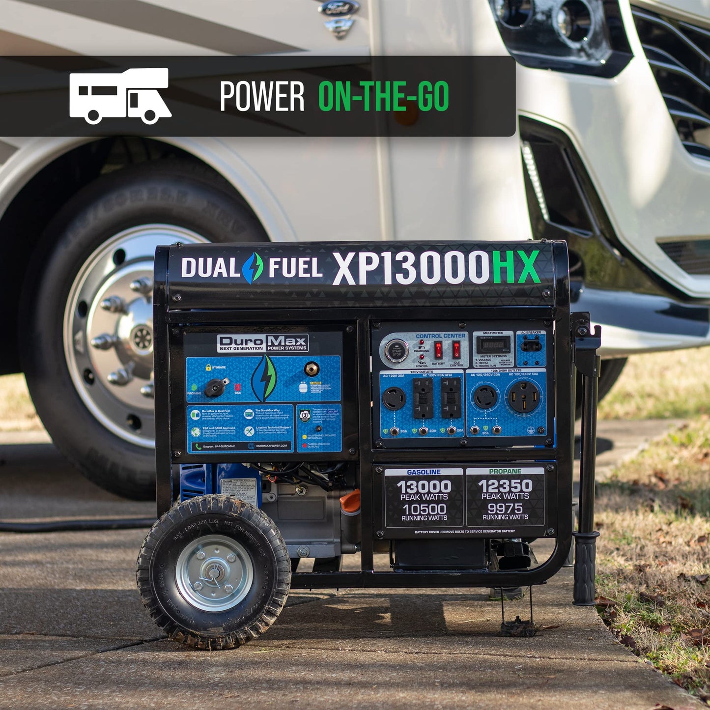 XP13000HX Dual Fuel Portable Generator - 13000 Watt Gas or Propane Powered - Electric Start w/ CO Alert, 50 State Approved, Blue