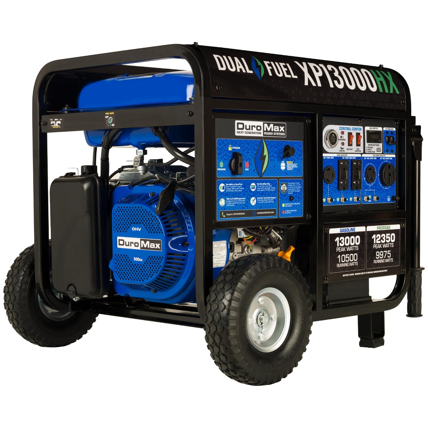 XP13000HX Dual Fuel Portable Generator - 13000 Watt Gas or Propane Powered - Electric Start w/ CO Alert, 50 State Approved, Blue