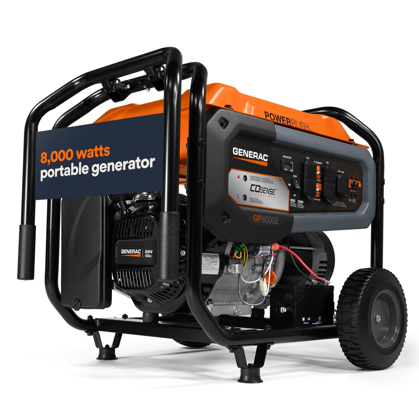 7715 GP8000E 8,000-Watt Gas-Powered Portable Generator - Electric Start with COsense - Powerrush Advanced Technology - Power for Emergencies and Recreation - 49 State Compliant - Orange/Black