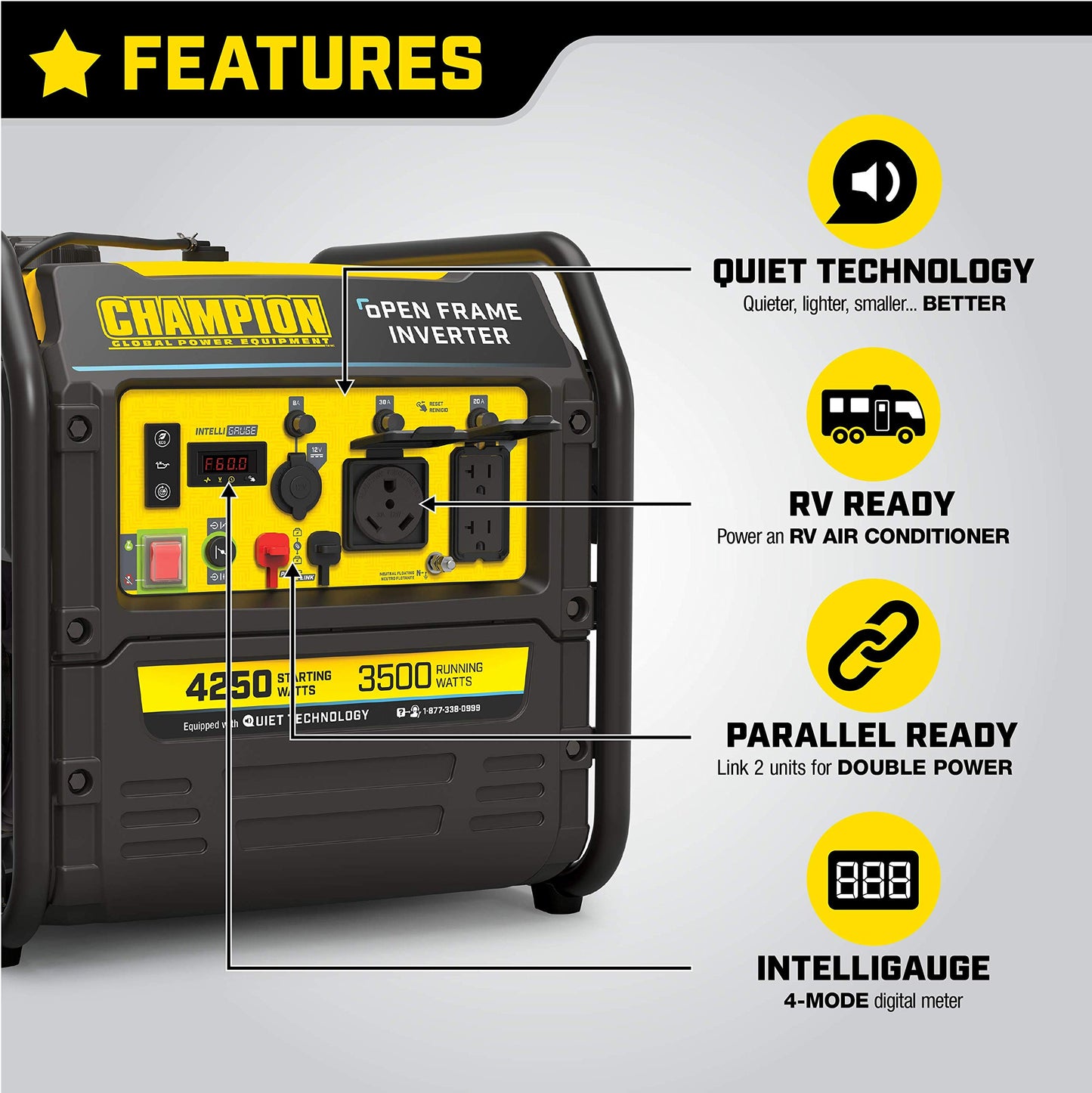 4250-Watt RV Ready Portable Open Frame Inverter Generator with Quiet Technology