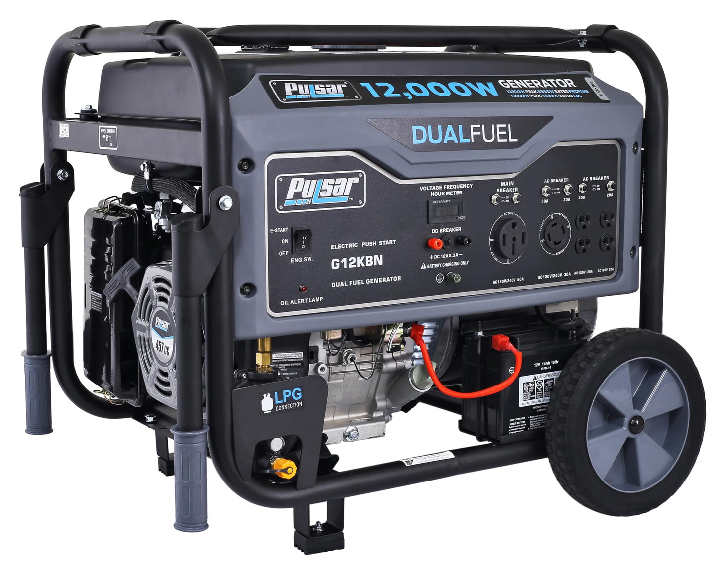 G12KBN Heavy Duty Portable Dual Fuel Generator - 9500 Rated Watts & 12000 Peak Watts - Gas & LPG - Electric Start - Transfer Switch & RV Ready - CARB Compliant